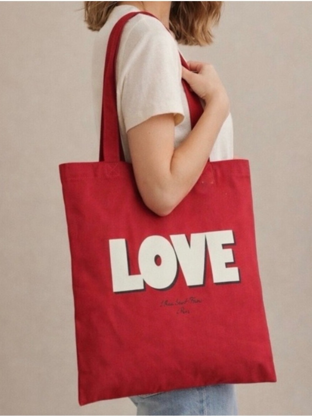 Sézane LOVE Red Canvas Tote Bag